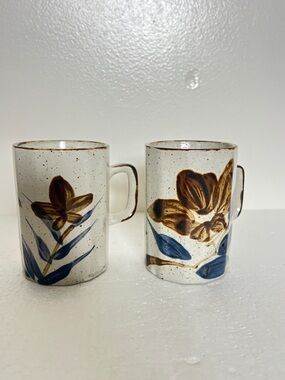 Vintage Handpainted Otagiri Mugs Octagonal Speckled Floral Set Of 2